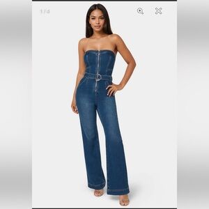 *NWT* BEBE FRONT ZIPPER WIDE LEG DENIM JUMPSUIT